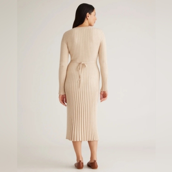 Quince Heather Oatmeal Cotton Cashmere Ribbed Long Sleeve Crew Midi Dress - Picture 2 of 9